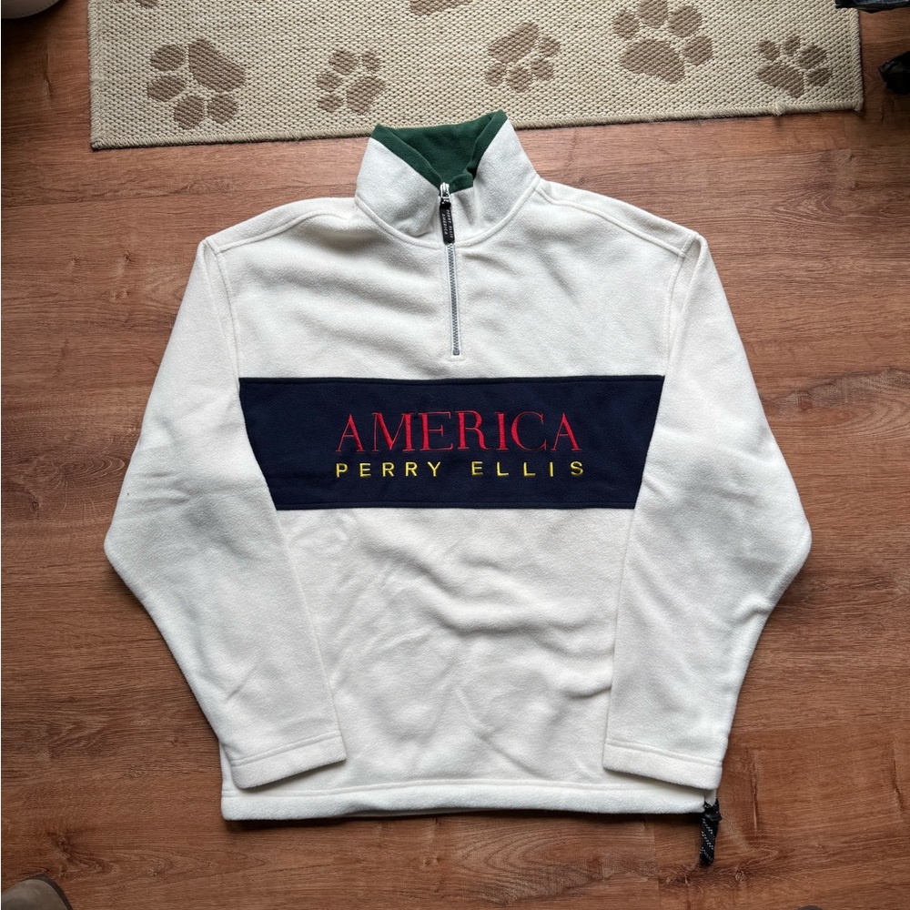 Perry Ellis White Fleece Pullover with Navy Chest Panel and Red Script